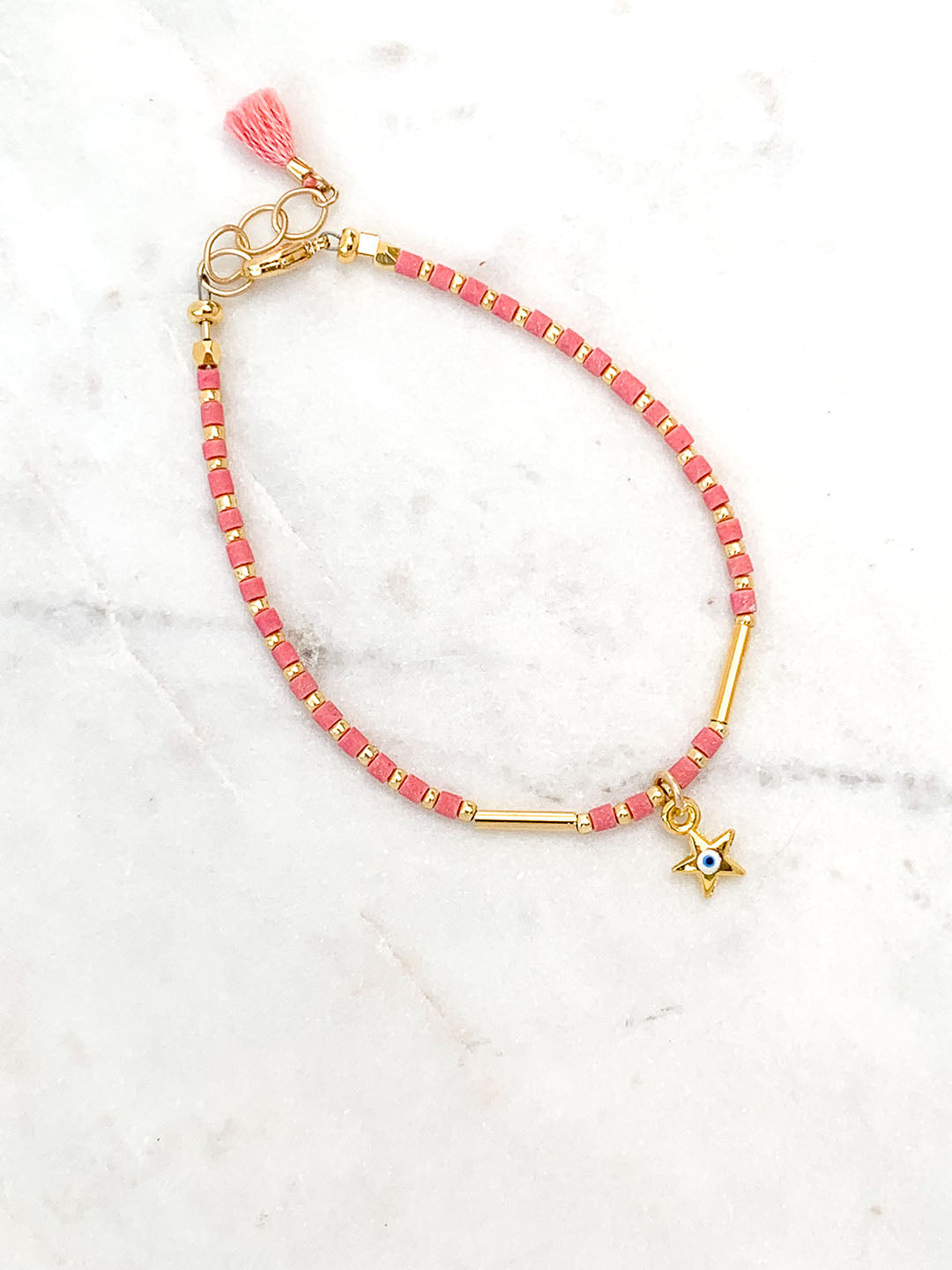 Jewelry, Pink Evil Eye Gold Star Charm Bracelet