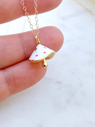 Pink Polka Dot Magic Mushroom 14k Gold Filled Charm Necklace