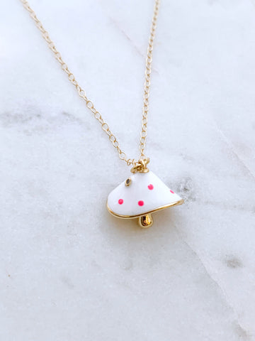 Pink Polka Dot Magic Mushroom 14k Gold Filled Charm Necklace